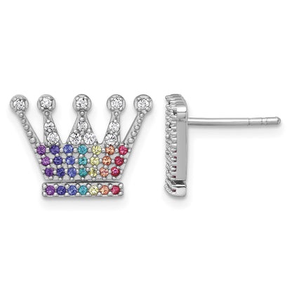 Sterling Silver Rhodium-plated Polished Rainbow Nano Crystals Crown Post Earrings