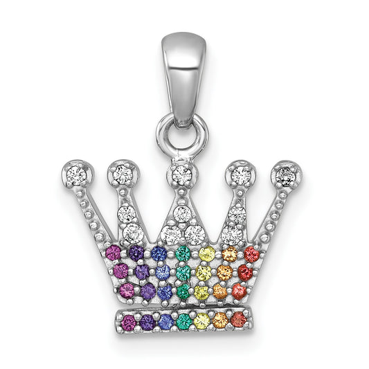 Sterling Silver Rhodium-plated Polished Rainbow Nano Crystals Crown Pendant