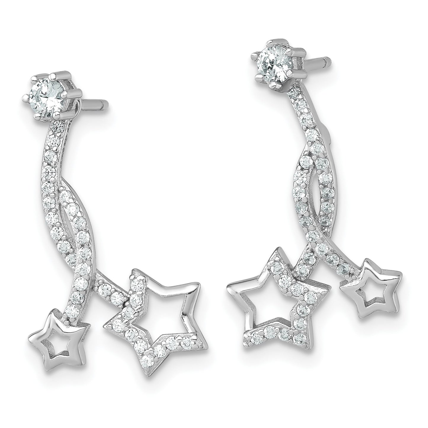 Sterling Silver Rhodium-plated Polished CZ Stud with Removeable Shooting Stars Jacket Earrings
