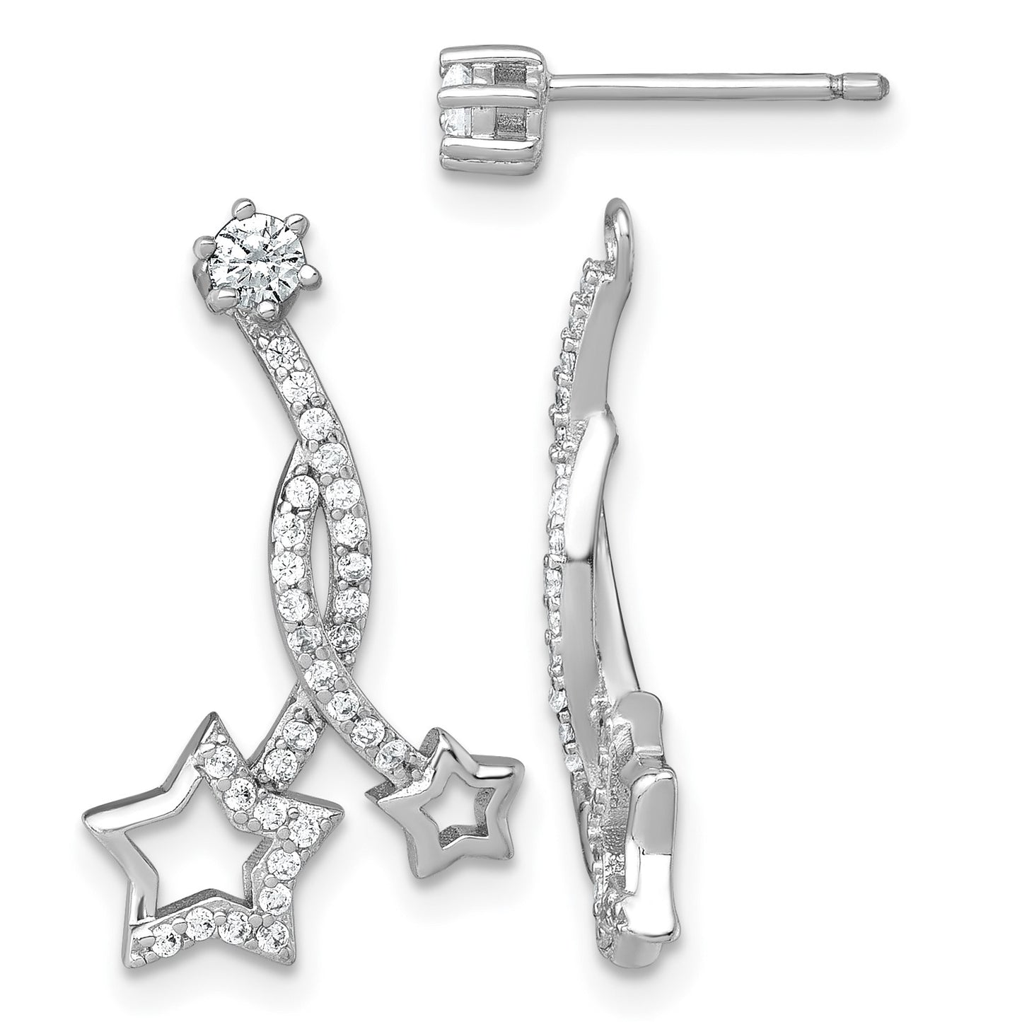 Sterling Silver Rhodium-plated Polished CZ Stud with Removeable Shooting Stars Jacket Earrings
