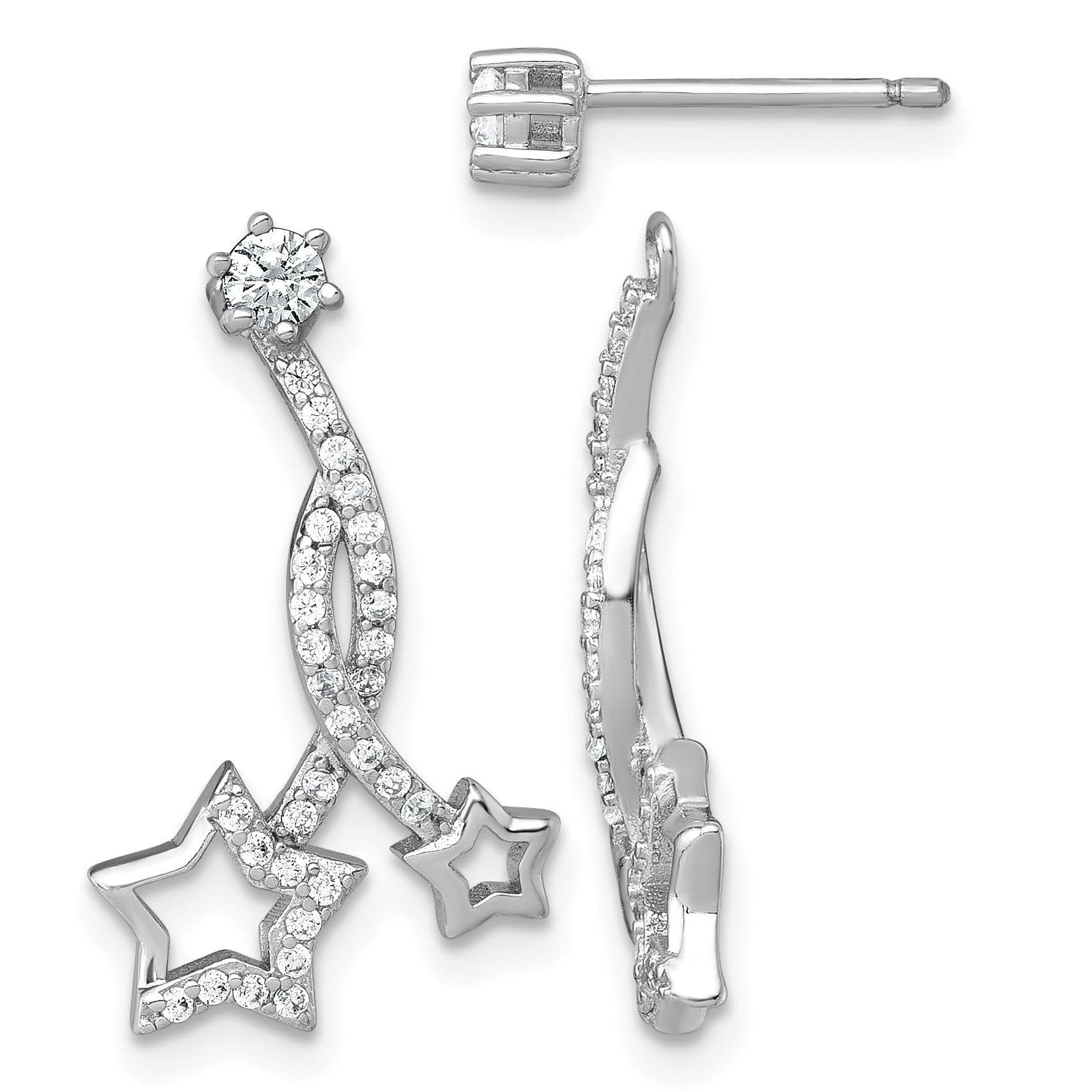 Sterling Silver Rhodium-plated Polished CZ Stud with Removeable Shooting Stars Jacket Earrings