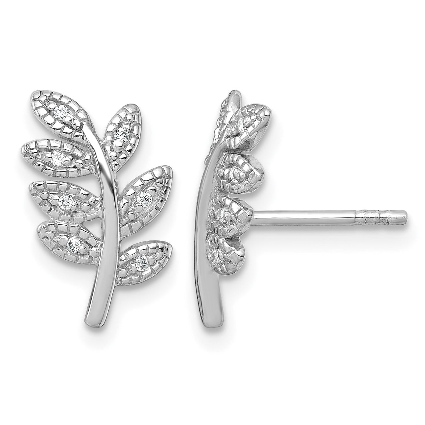 Sterling Silver Rhodium-plated Polished CZ Leaf Post Earrings