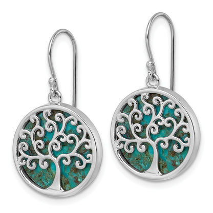 Sterling Silver Rhodium-plated Polished Compressed Turquoise Tree Of Life Shepherd Hook Earrings