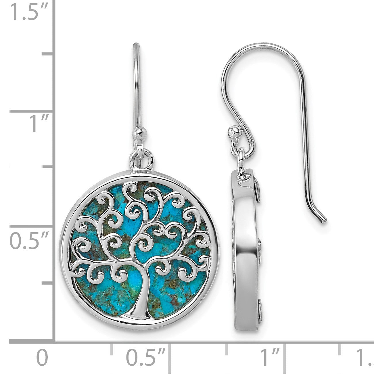 Sterling Silver Rhodium-plated Polished Compressed Turquoise Tree Of Life Shepherd Hook Earrings