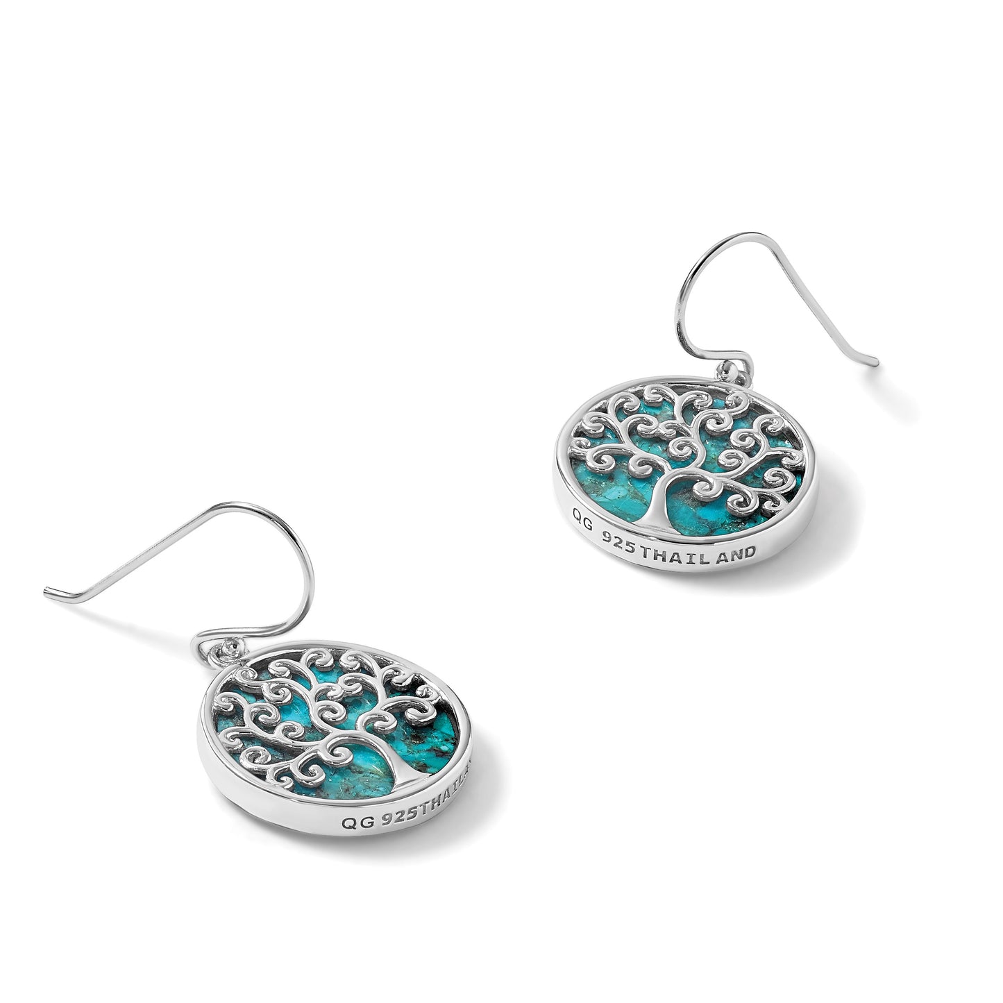 Sterling Silver Rhodium-plated Polished Compressed Turquoise Tree Of Life Shepherd Hook Earrings