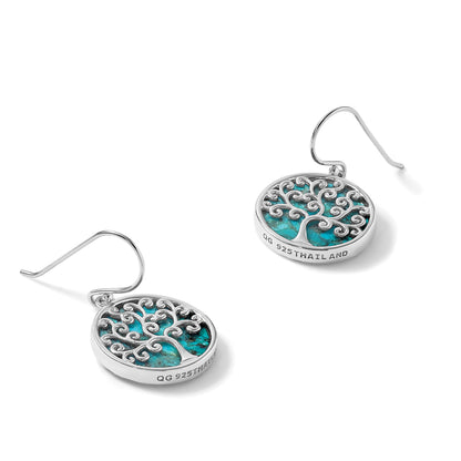Sterling Silver Rhodium-plated Polished Compressed Turquoise Tree Of Life Shepherd Hook Earrings