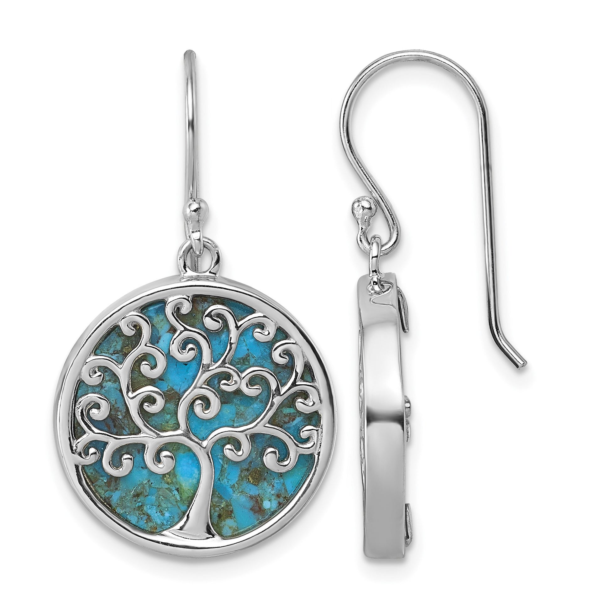 Sterling Silver Rhodium-plated Polished Compressed Turquoise Tree Of Life Shepherd Hook Earrings