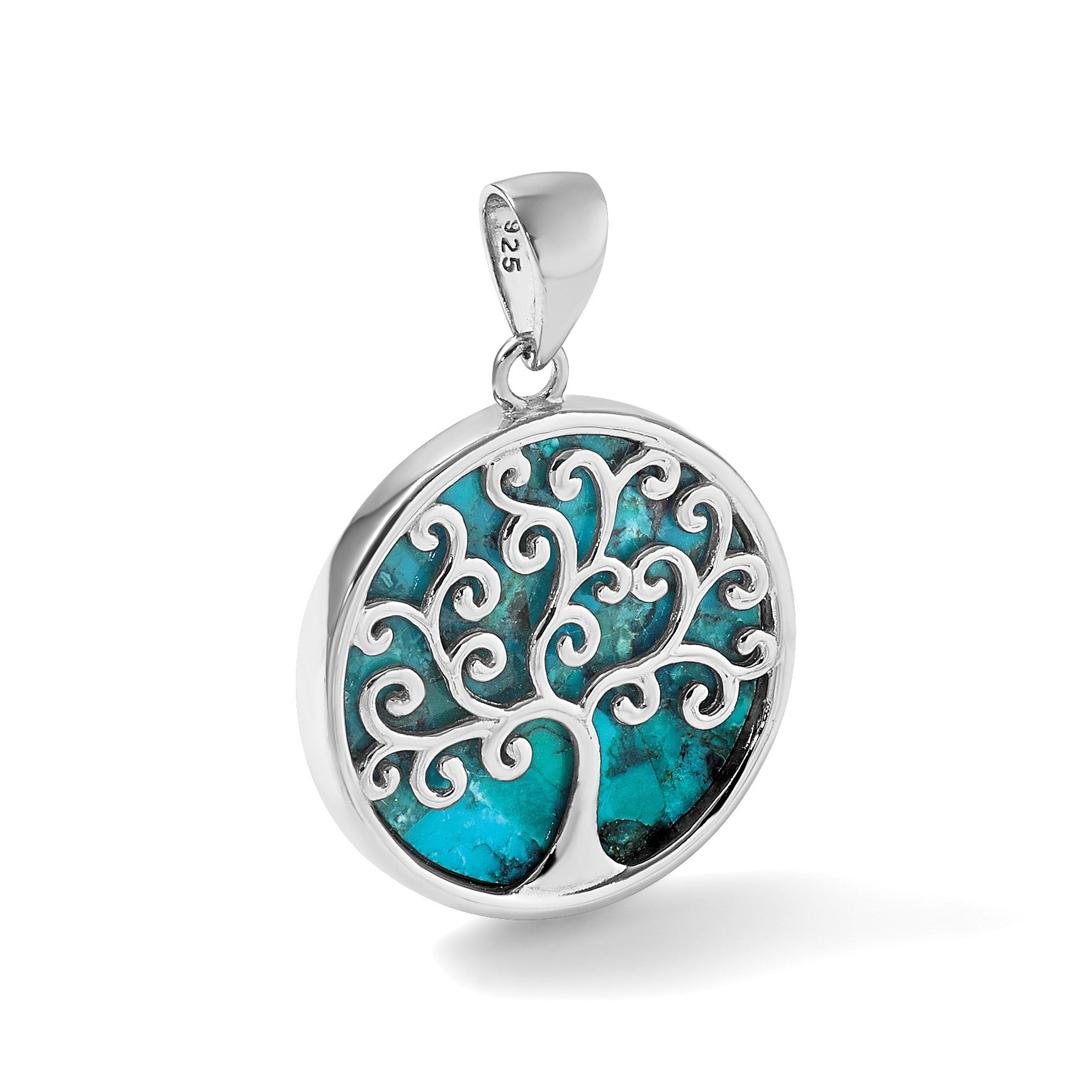 Sterling Silver Rhodium-plated Polished Compressed Turquoise Tree Of Life Pendant