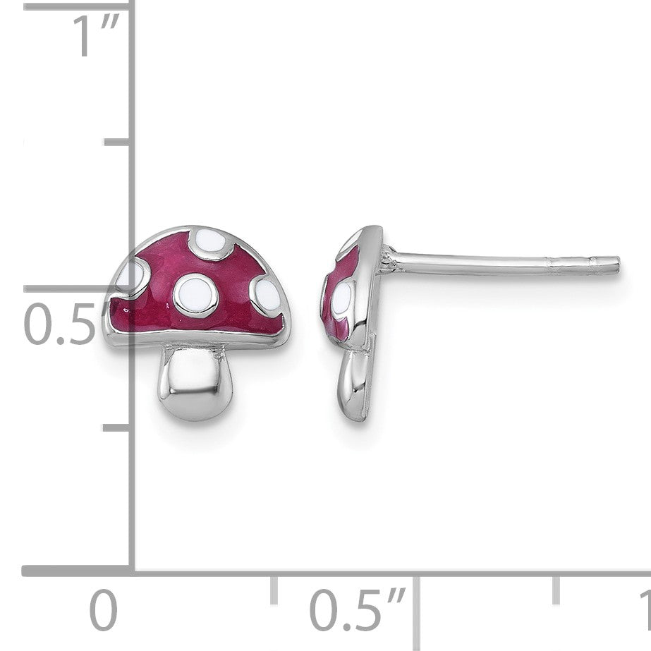 Sterling Silver Rhodium-plated Polished Red and White Enameled Mushroom Post Earrings