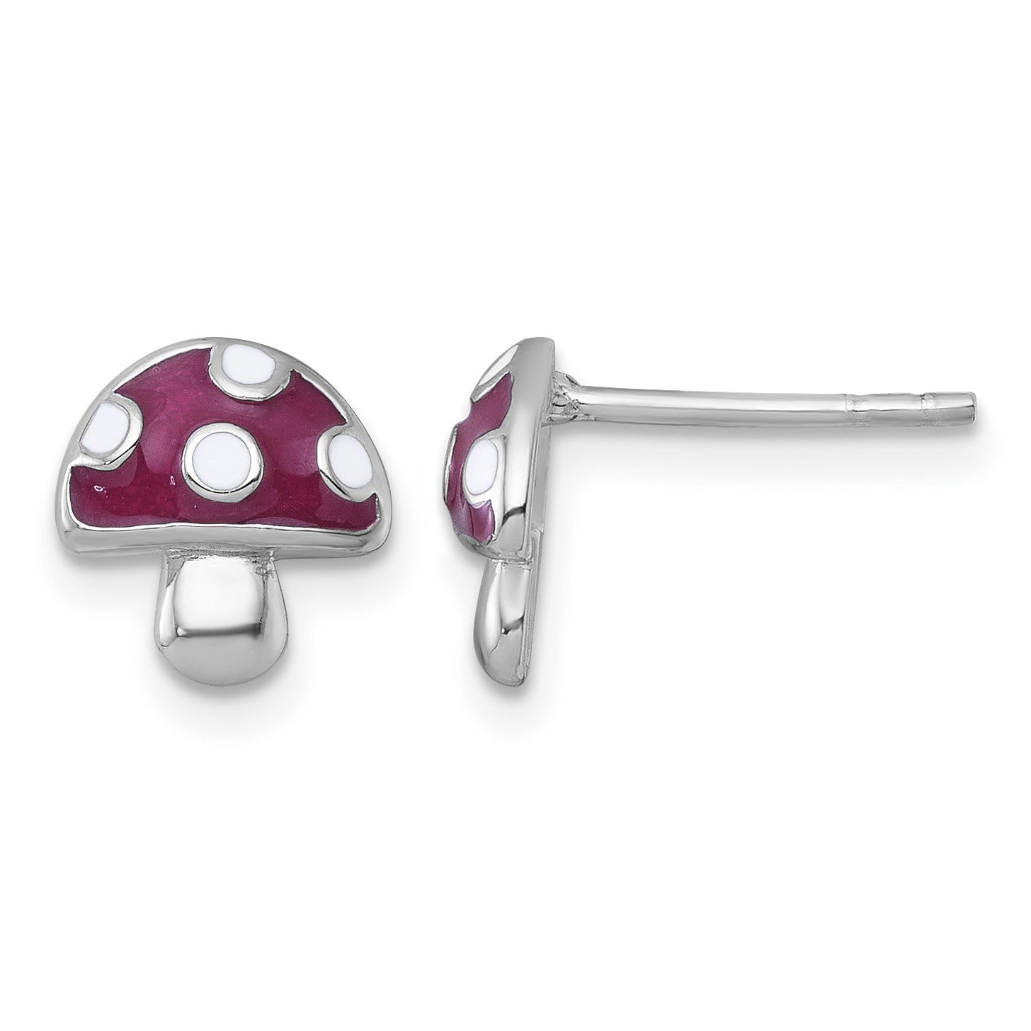 Sterling Silver Rhodium-plated Polished Red and White Enameled Mushroom Post Earrings