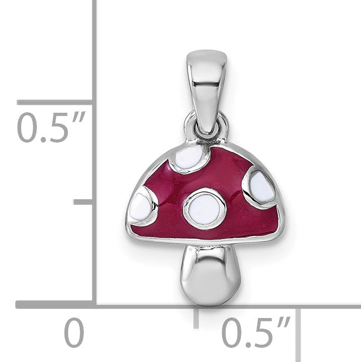 Sterling Silver Rhodium-plated Polished Red and White Enameled Mushroom Pendant