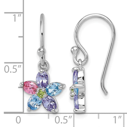 Sterling Silver Rhodium-plated Polished Purple, Pink, Blue and Green CZ Flower Dangle Shepherd Hook Earrings