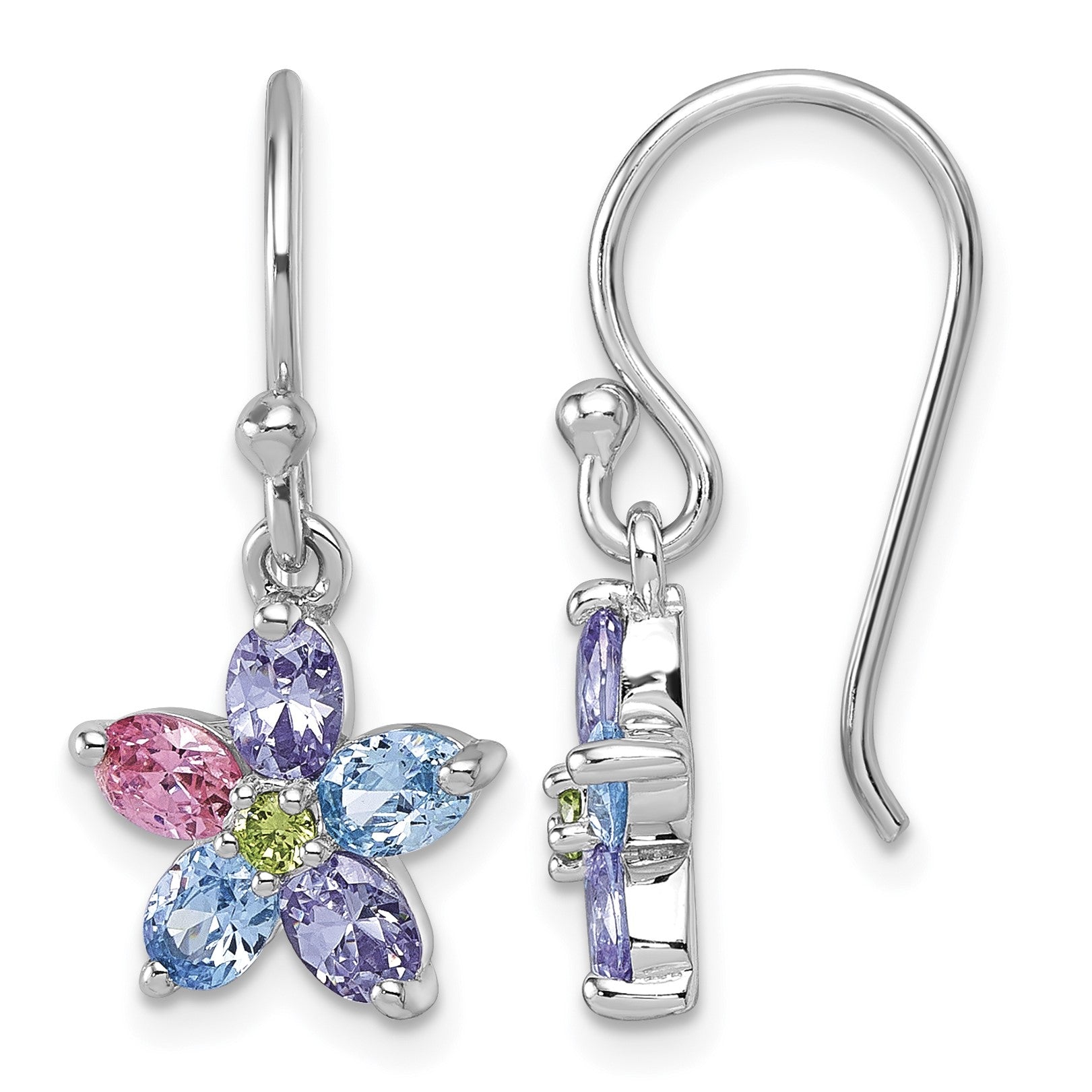 Sterling Silver Rhodium-plated Polished Purple, Pink, Blue and Green CZ Flower Dangle Shepherd Hook Earrings
