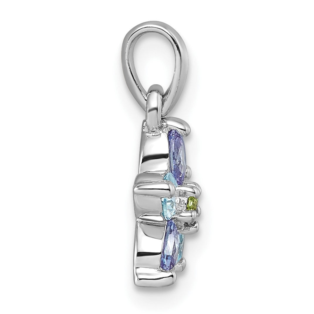 Sterling Silver Rhodium-plated Polished Purple, Pink, Blue and Green CZ Flower Pendant