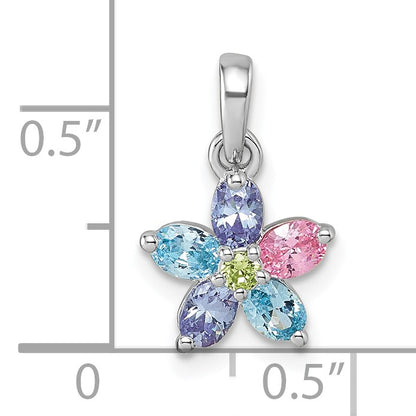 Sterling Silver Rhodium-plated Polished Purple, Pink, Blue and Green CZ Flower Pendant