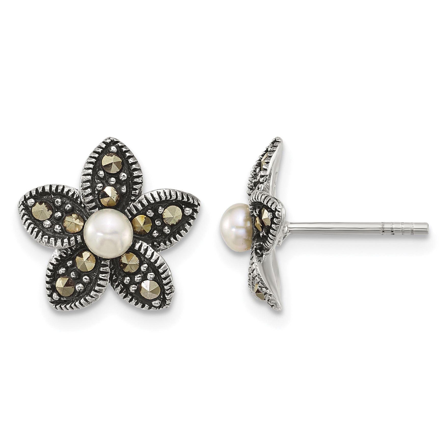 Sterling Silver Antiqued Marcasite and Freshwater Cultured Pearl Fancy Flower Post Earrings