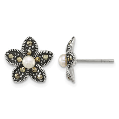 Sterling Silver Antiqued Marcasite and Freshwater Cultured Pearl Fancy Flower Post Earrings