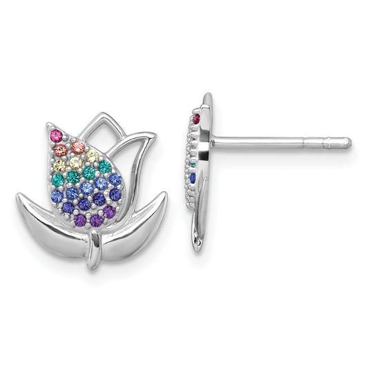 Sterling Silver Rhodium-plated Polished Rainbow Nano Crystals Tulip Post Earrings