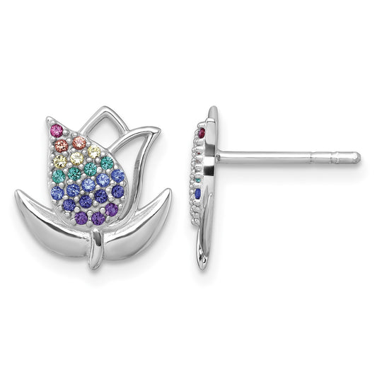 Sterling Silver Rhodium-plated Polished Rainbow Nano Crystals Tulip Post Earrings