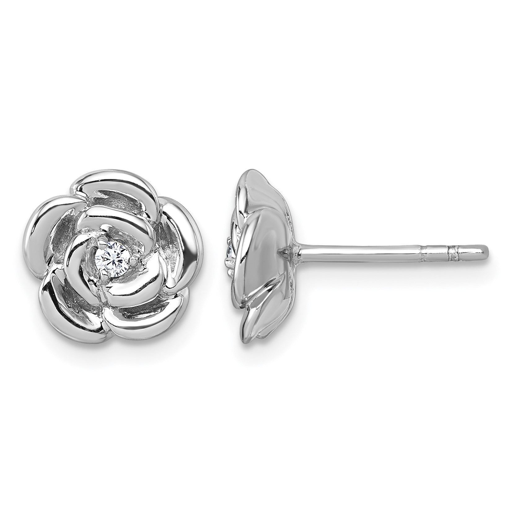 Sterling Silver Rhodium-plated Polished White CZ Flower Post Earrings