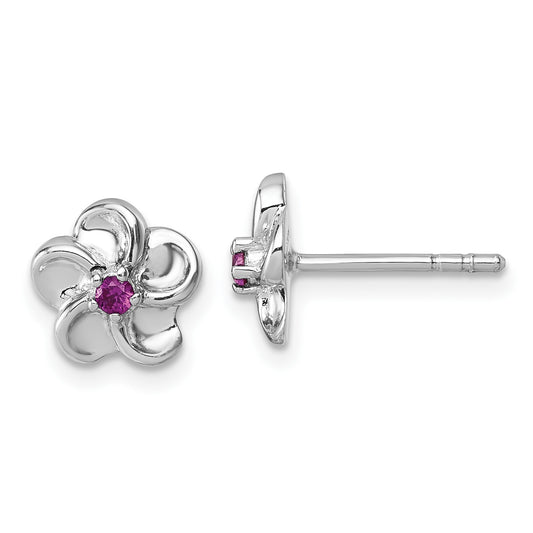 Sterling Silver Rhodium-plated Polished Red CZ Flower Post Earrings