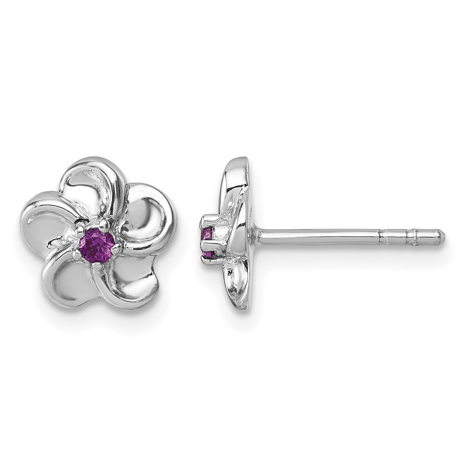 Sterling Silver Rhodium-plated Polished Red CZ Flower Post Earrings