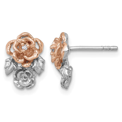 Sterling Silver Rhodium-plated and Rose Gold-plated CZ Flowers Post Earrings