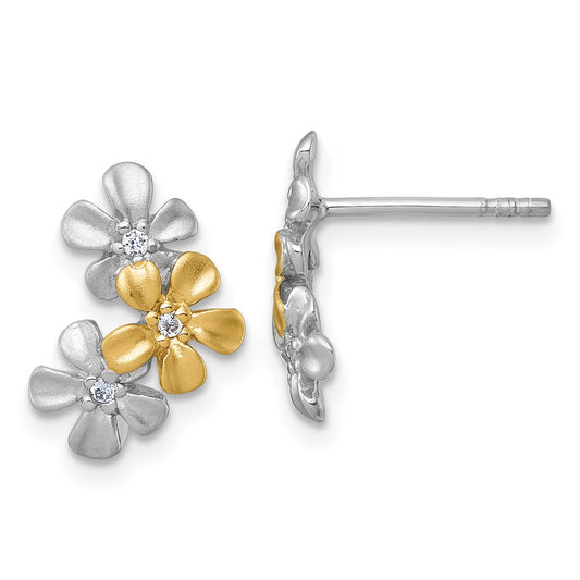 Sterling Silver Rhodium-plated and Gold-plated with CZ Three Flowers Post Earrings