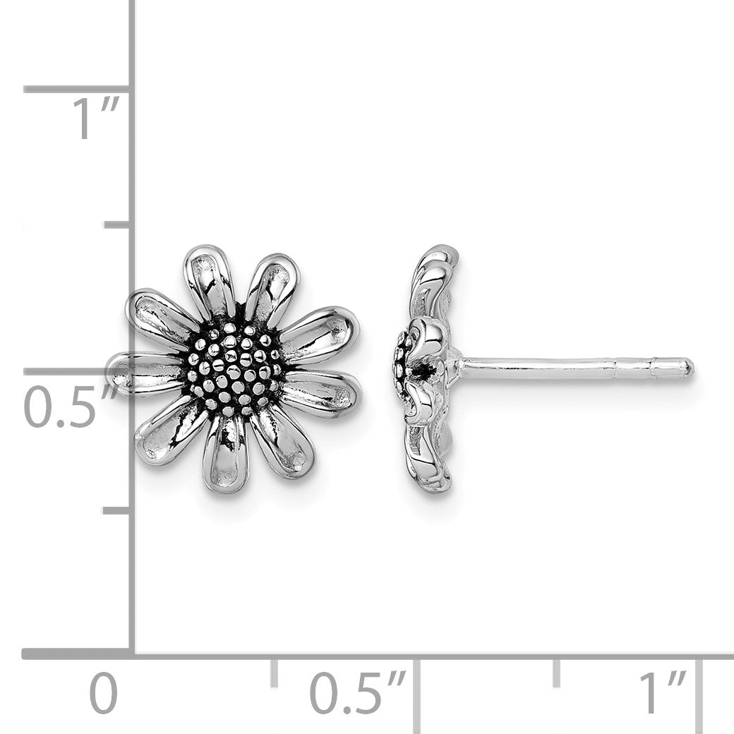 Sterling Silver Rhodium-plated Antiqued Sunflower Post Earrings