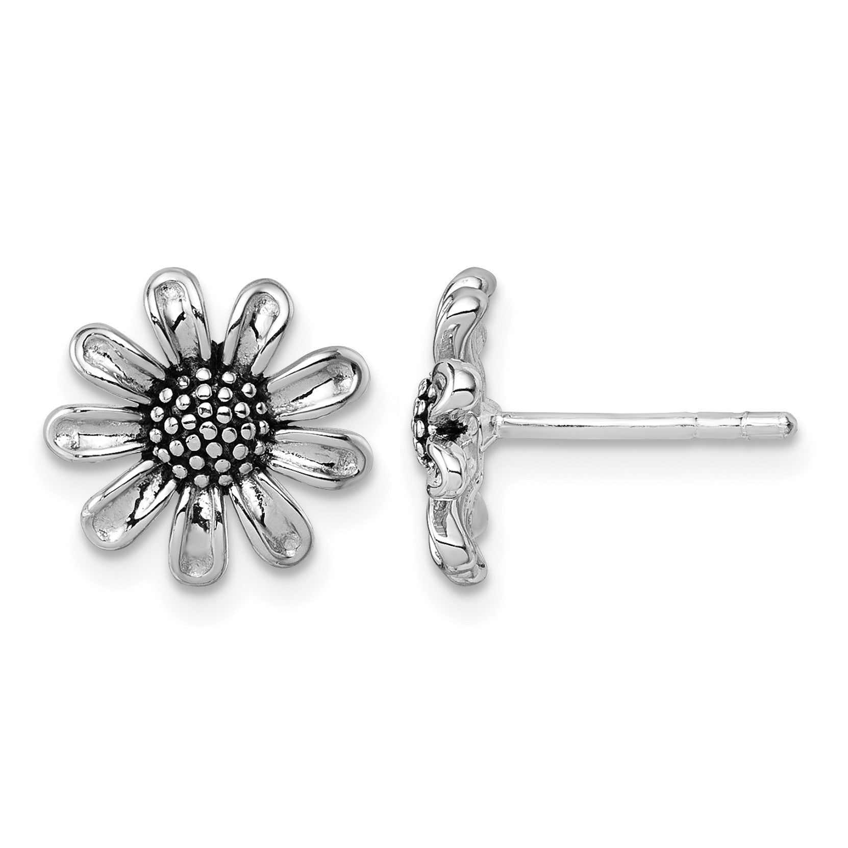 Sterling Silver Rhodium-plated Antiqued Sunflower Post Earrings