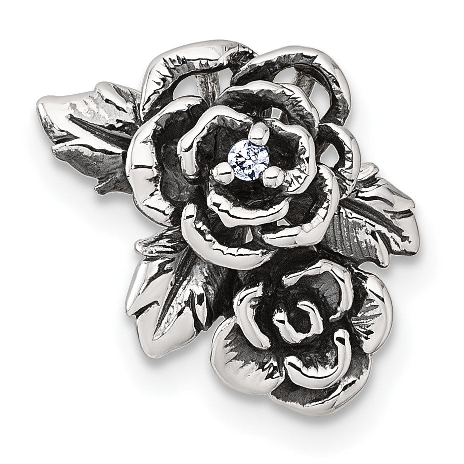 Sterling Silver Antiqued Polished CZ Flowers Chain Slide Pendant