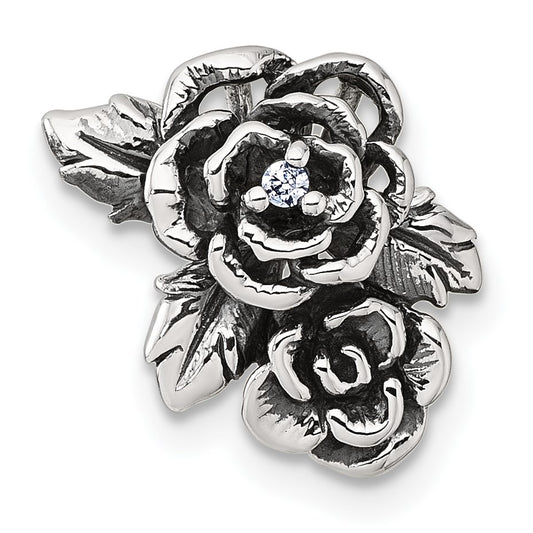 Sterling Silver Antiqued Polished CZ Flowers Chain Slide Pendant