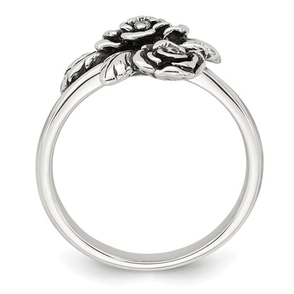 Sterling Silver Antiqued Polished CZ Flowers Size 8 Ring