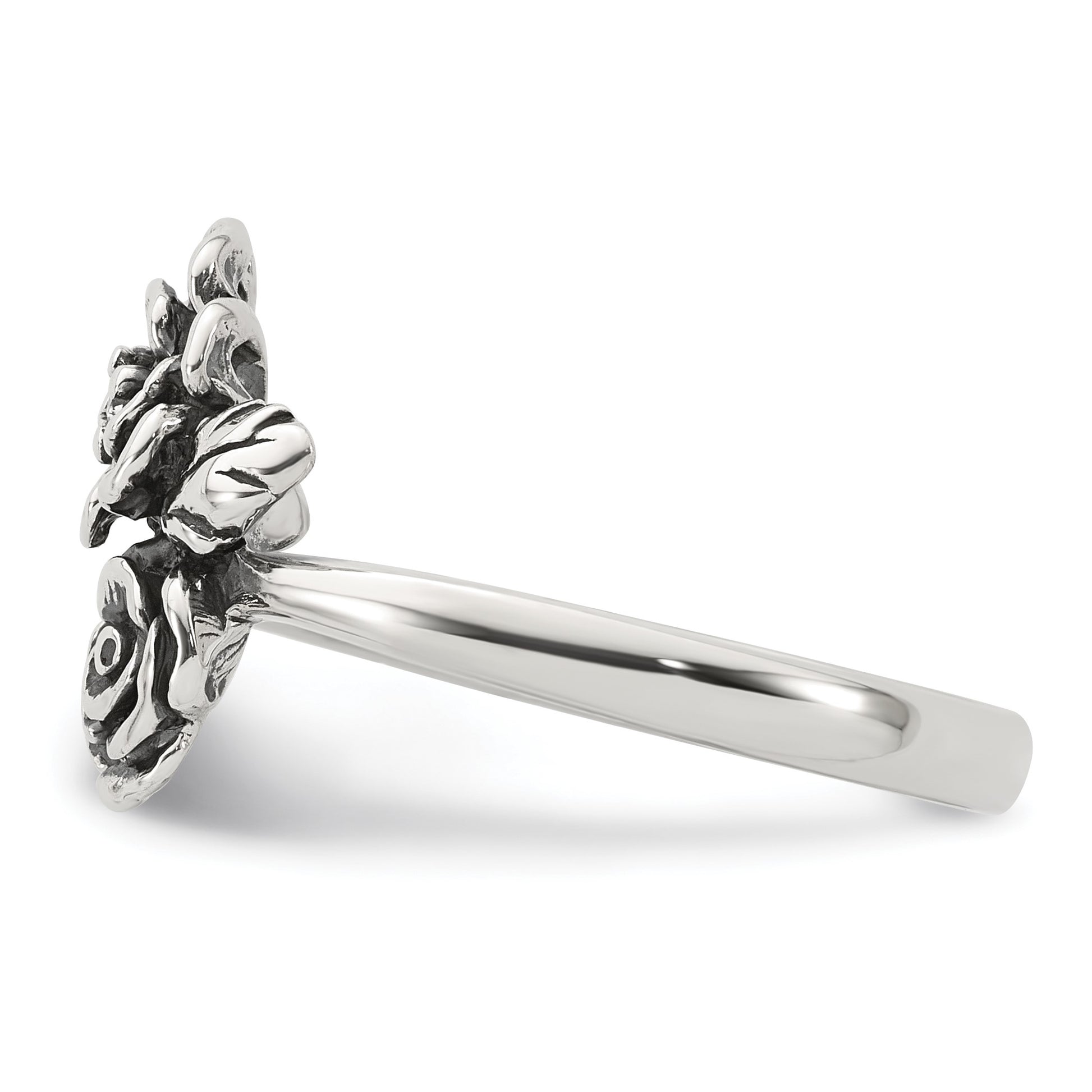 Sterling Silver Antiqued Polished CZ Flowers Size 6 Ring
