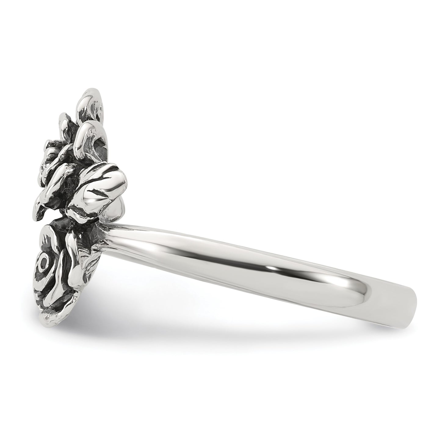 Sterling Silver Antiqued Polished CZ Flowers Size 8 Ring