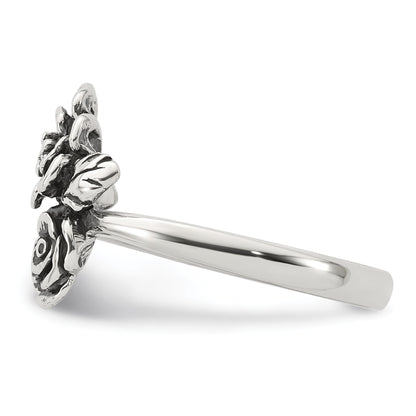 Sterling Silver Antiqued Polished CZ Flowers Size 7 Ring