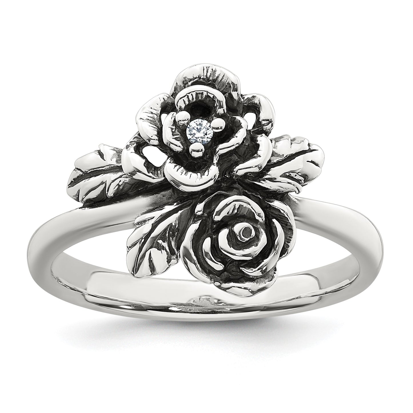 Sterling Silver Antiqued Polished CZ Flowers Size 7 Ring