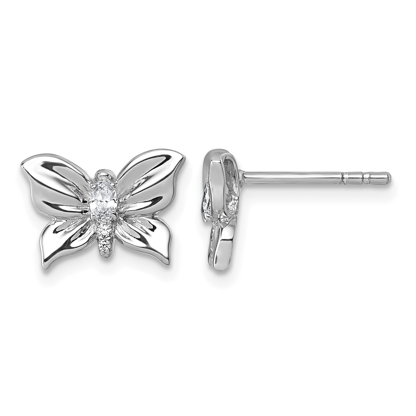 Sterling Silver Rhodium-plated Polished White CZ Butterfly Post Earrings