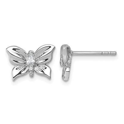 Sterling Silver Rhodium-plated Polished White CZ Butterfly Post Earrings