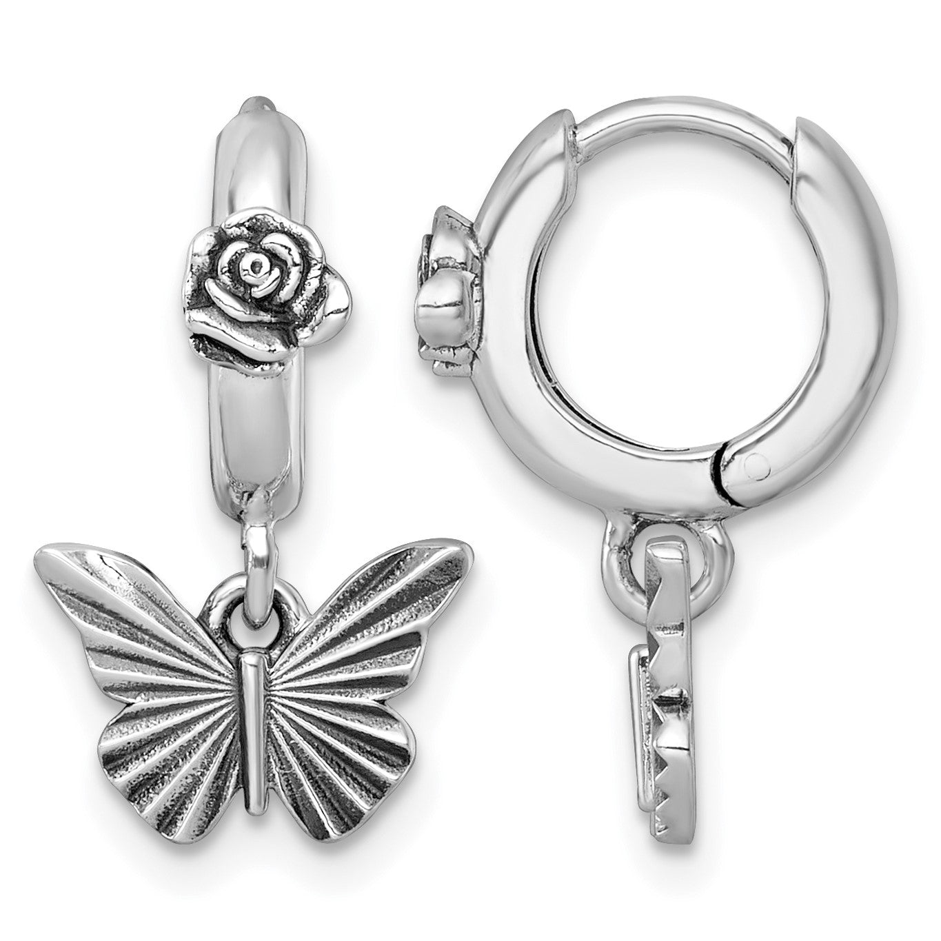 Sterling Silver Antiqued Textured Butterfly Dangle With Flower Hinged Hoop Earrings