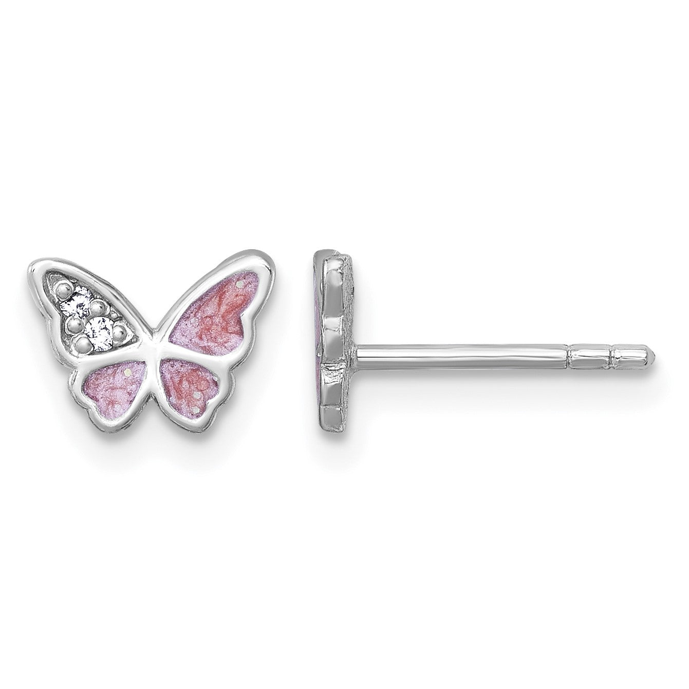 Sterling Silver Rhodium-plated Polished CZ and Pink Enamel Butterfly Post Earrings