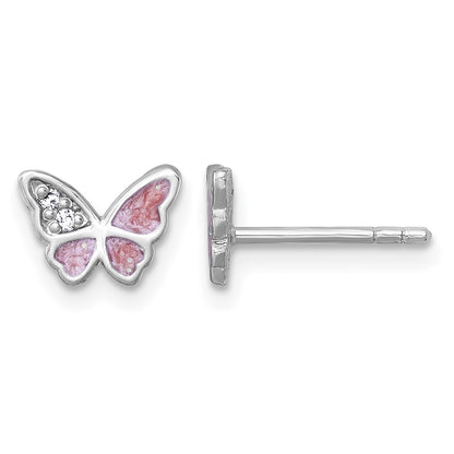 Sterling Silver Rhodium-plated Polished CZ and Pink Enamel Butterfly Post Earrings