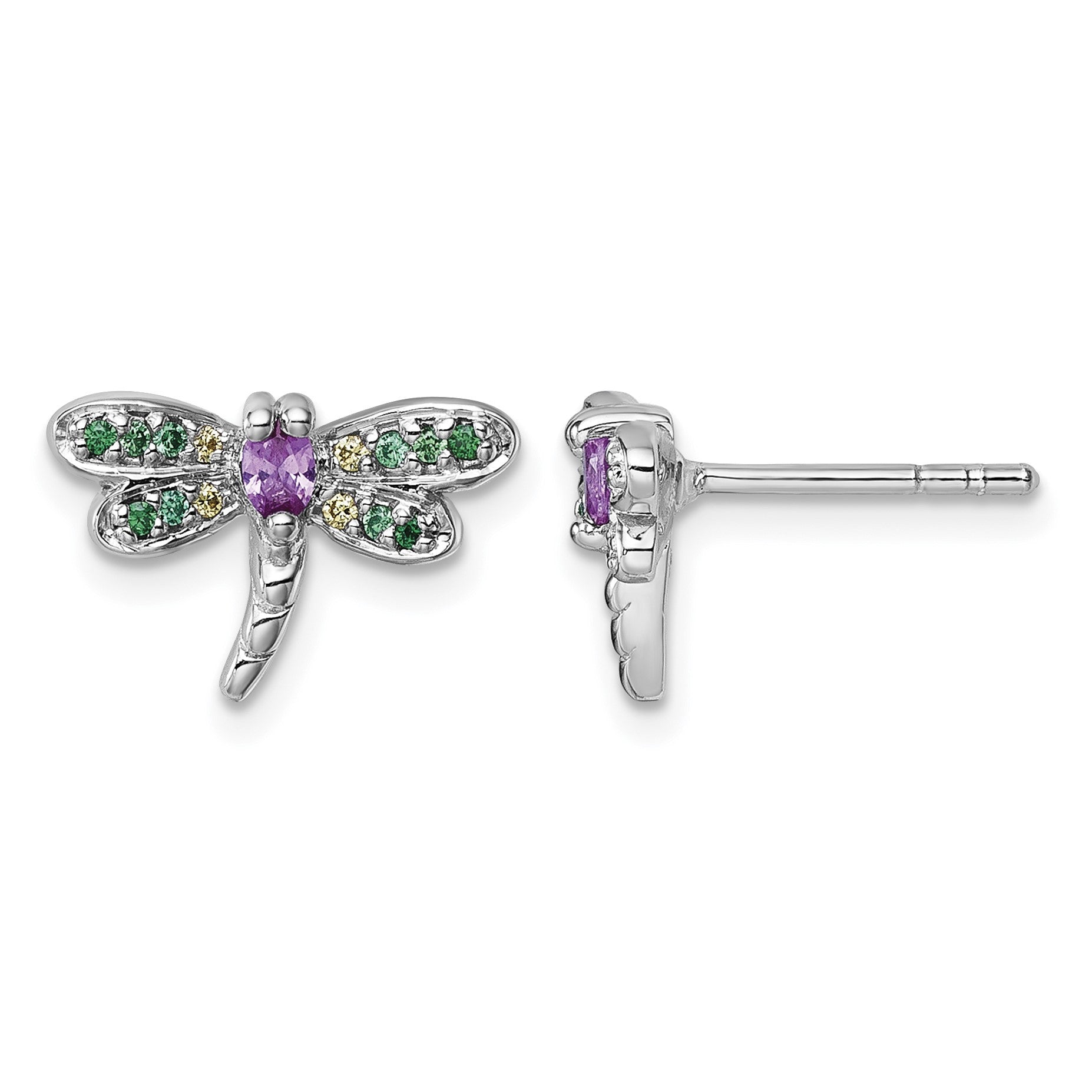Sterling Silver Rhodium-plated Polished Green, Yellow and Pink CZ Dragonfly Post Earrings