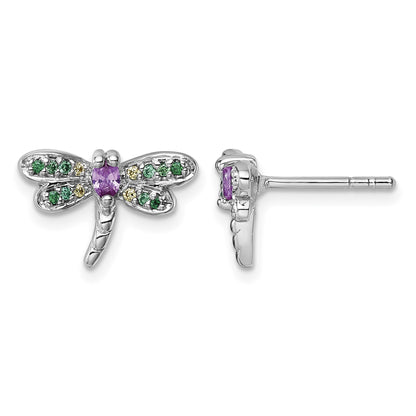 Sterling Silver Rhodium-plated Polished Green, Yellow and Pink CZ Dragonfly Post Earrings