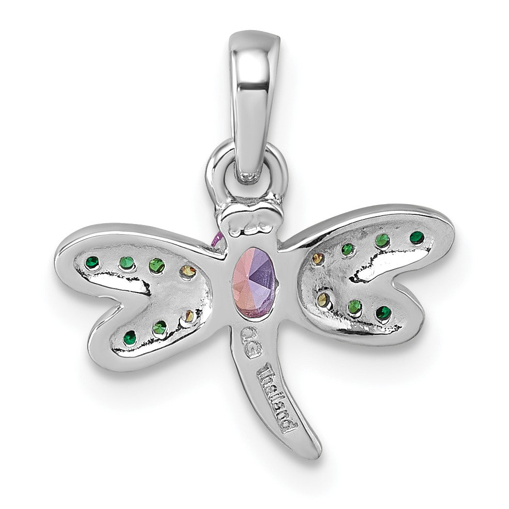 Sterling Silver Rhodium-plated Polished Green, Yellow and Pink CZ Dragonfly Pendant