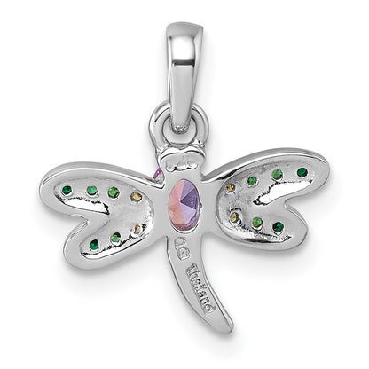 Sterling Silver Rhodium-plated Polished Green, Yellow and Pink CZ Dragonfly Pendant