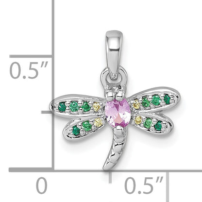 Sterling Silver Rhodium-plated Polished Green, Yellow and Pink CZ Dragonfly Pendant