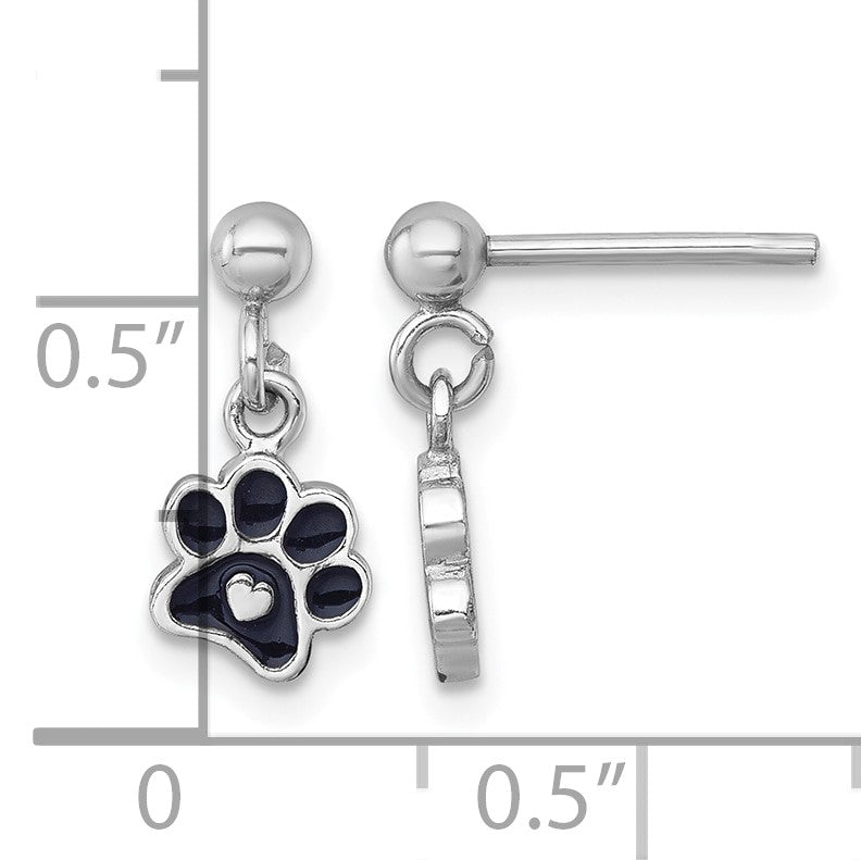 Sterling Silver Rhodium-plated Polished Black Enamel Paw Print with Heart Dangle Post Earrings