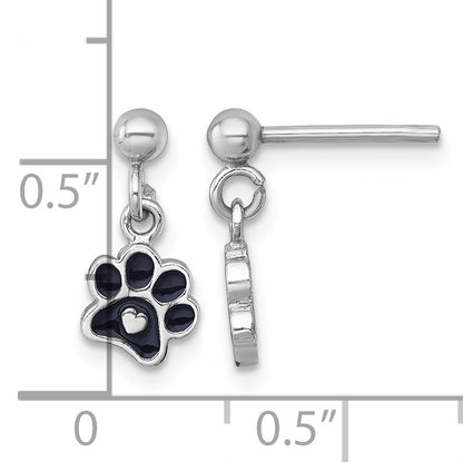 Sterling Silver Rhodium-plated Polished Black Enamel Paw Print with Heart Dangle Post Earrings