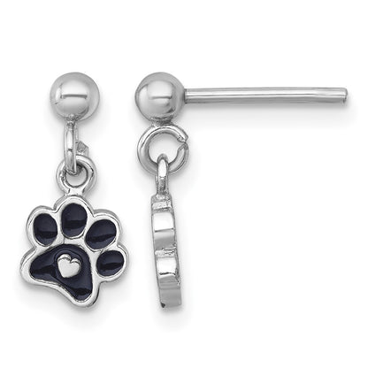 Sterling Silver Rhodium-plated Polished Black Enamel Paw Print with Heart Dangle Post Earrings